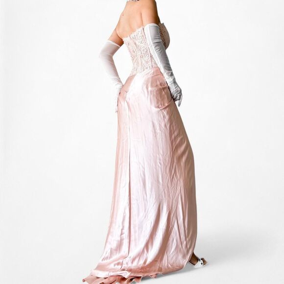 Vintage Silk Blend Pink Strapless Floral Beaded Lace Maxi Prom Dress Size M - Picture 4 of 8